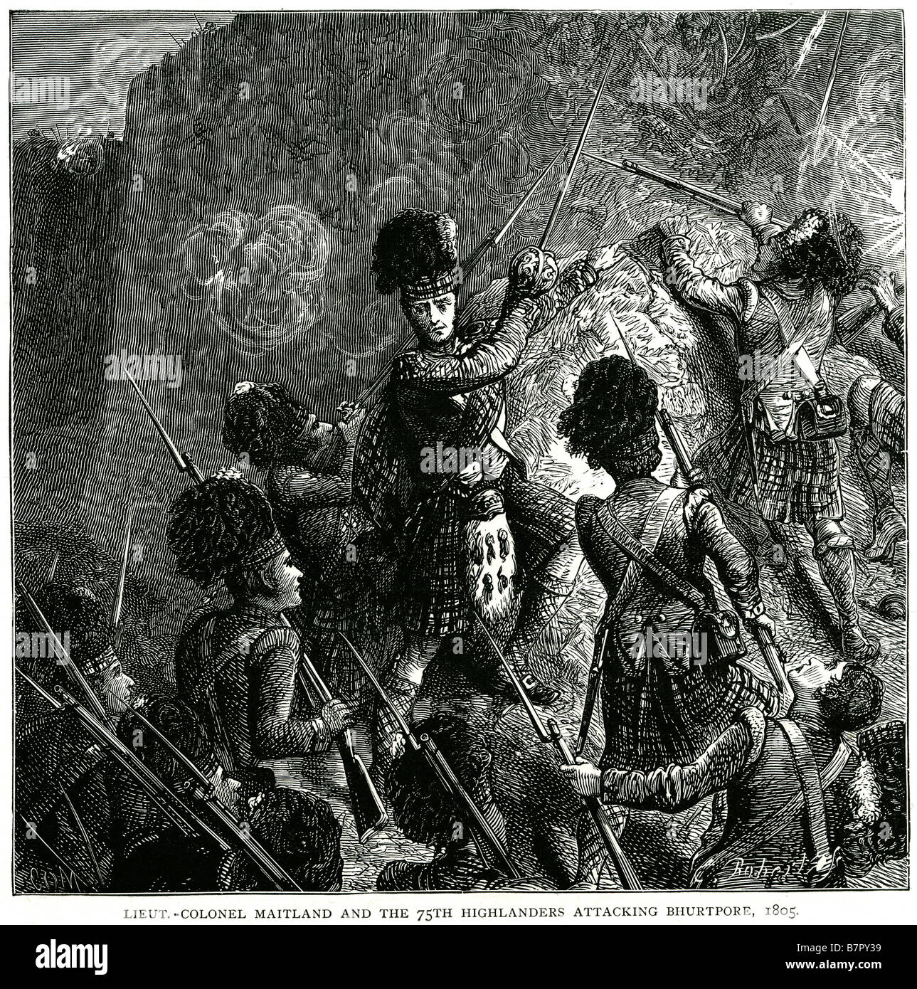 Lieut-Colonel Maitland settantacinquesimo Montanari attaccando Bhurtpore 1805 soldato combattendo la battaglia della Guerra morte attacco assedio Il Gordon Highl Foto Stock