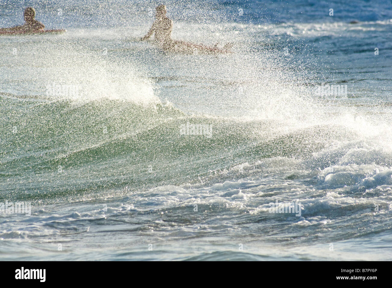 Surfers seduto su tavole da surf in oceano Foto Stock