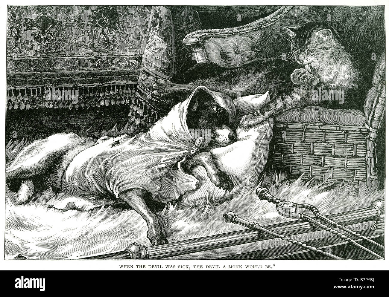 Malati gatto cane dormire con camino quando il diavolo è stato malato di un monaco sarebbe all'interno di casa cani gatti animale da compagnia domesticat Foto Stock