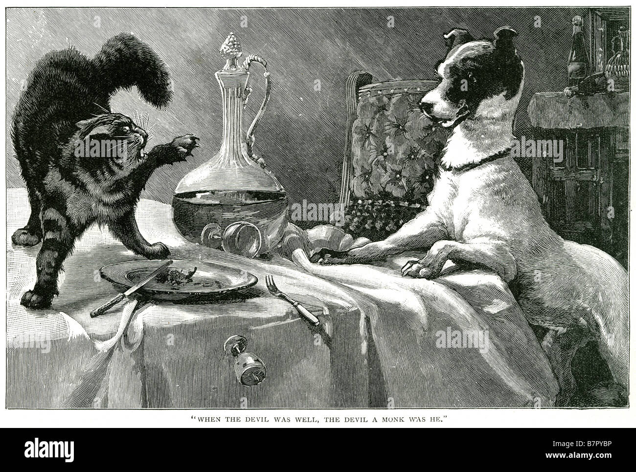 Gatto cane combattimenti tabella quando il diavolo è stato bene il monaco era all'interno di animali animali domestici cani gatti animale casa Foto Stock