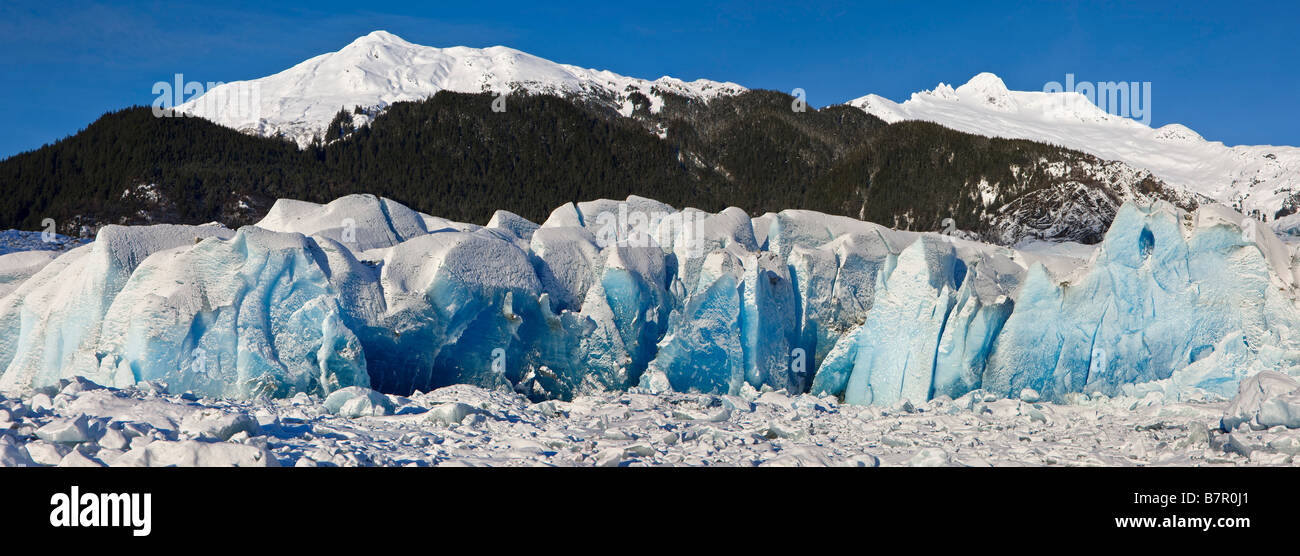Vista panoramica del volto di Mendenhall Glacier e la superficie ghiacciata di Mendenhall Lago, Tongass Forest, Alaska Foto Stock
