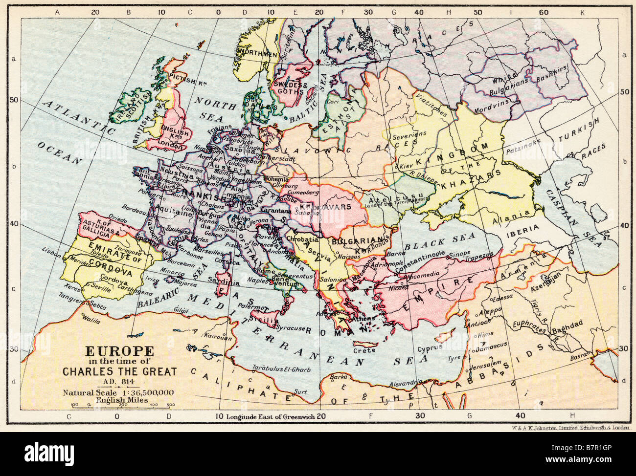 Mappa dell'Europa ai tempi di Carlo il Grande, 814 d.C. Foto Stock