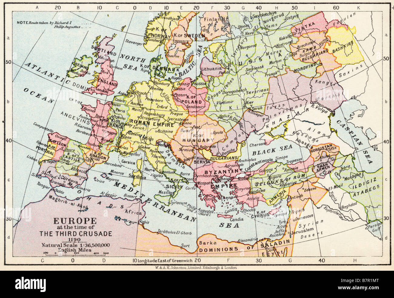 Mappa di Europa al tempo della Terza Crociata 1190 Foto Stock