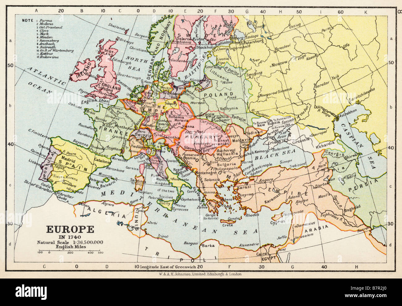 Mappa dell'Europa nel 1740 Foto Stock