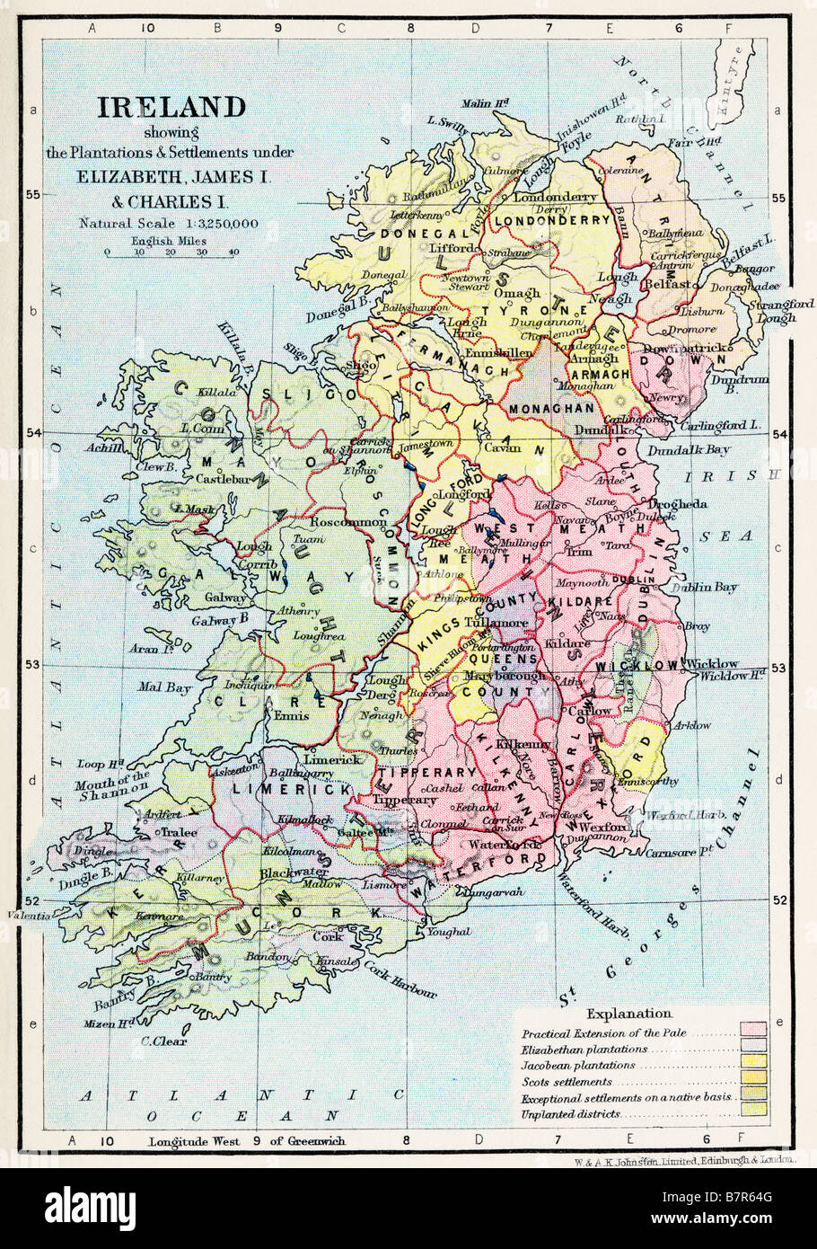 Mappa dell'Irlanda che mostra le piantagioni e gli insediamenti di Elizabeth, James i e Charles I. Foto Stock