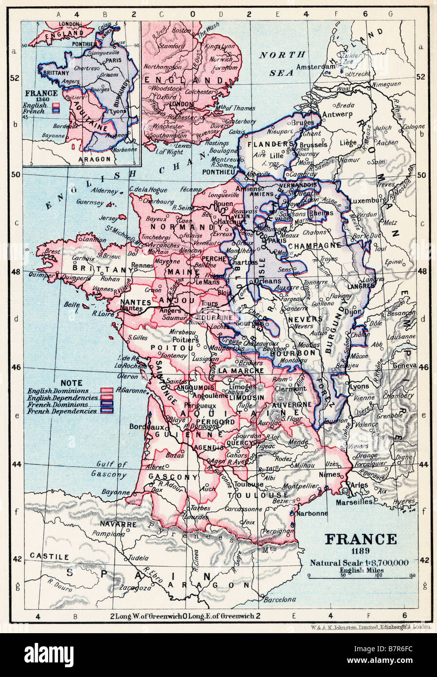 Mappa di Francia nel 1189 Foto Stock