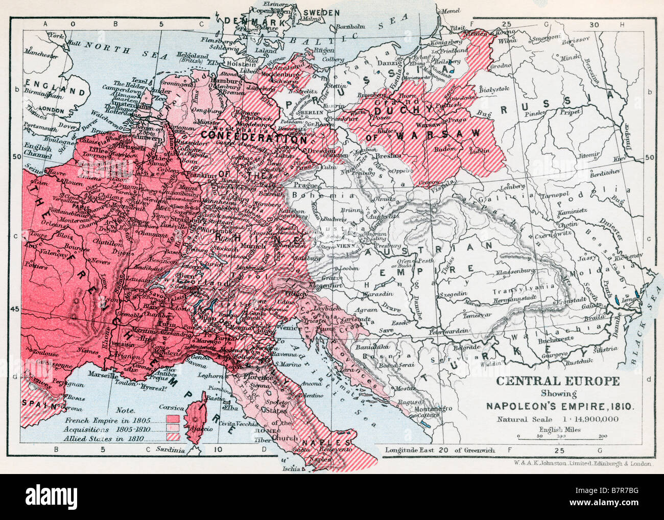 Mappa dell'Europa Centrale che mostra l'Impero di Napoleone,1810. Foto Stock