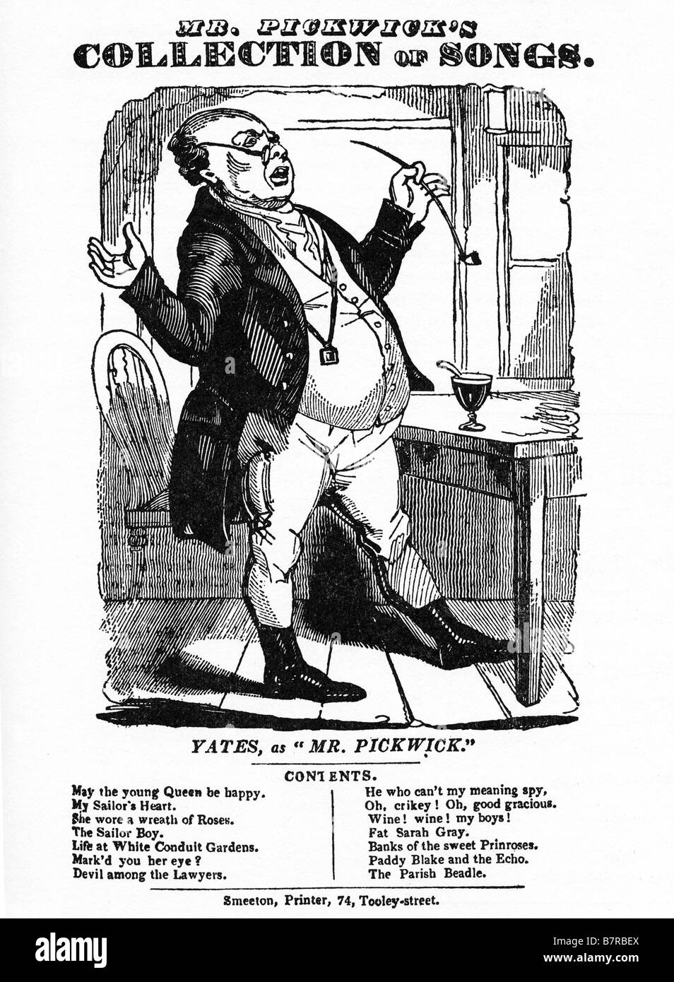 Signor Pickwicks collezione di canzoni 1840 annuncio che mostri attore Frederick Yates in una versione di drammatizzare il libro di Charles Dickens Foto Stock