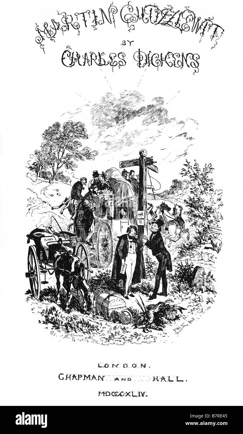 Martin Chuzzlewit Pagina Titolo da Phiz per la prima edizione di Legato del Charles Dickens romanzo pubblicato nel 1844 Foto Stock