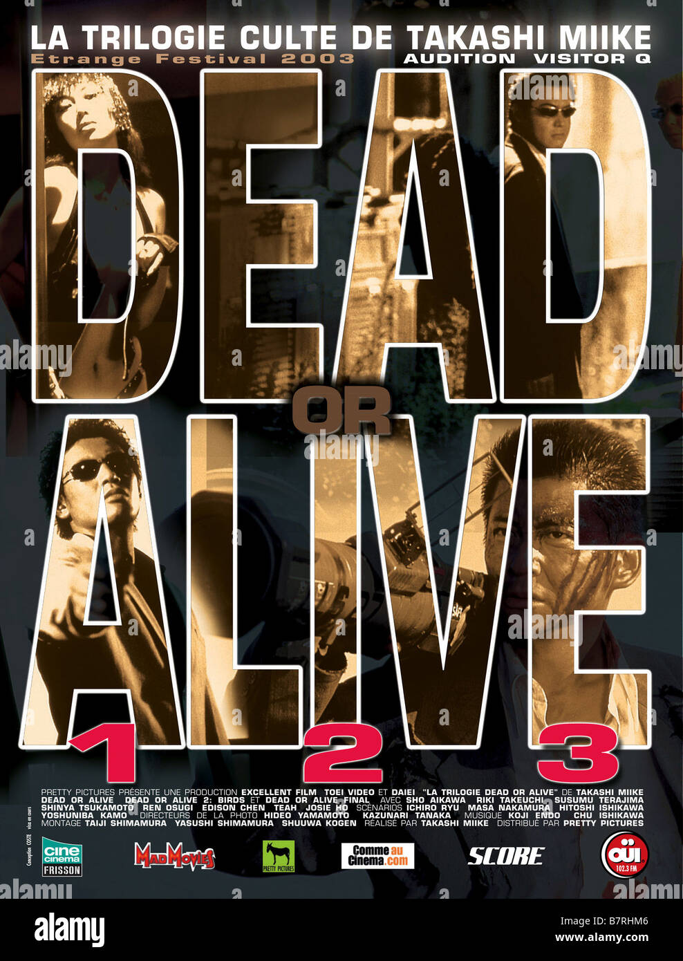 Dead or Alive 1 (1999) - vivo o morto: Hanzaisha Dead or Alive 2 (2000) - Dead or Alive 2: Tôbôsha Dead or Alive 3 (2002) - vivo o morto: Direttore finale : Takashi Miike poster per tre pellicole Foto Stock