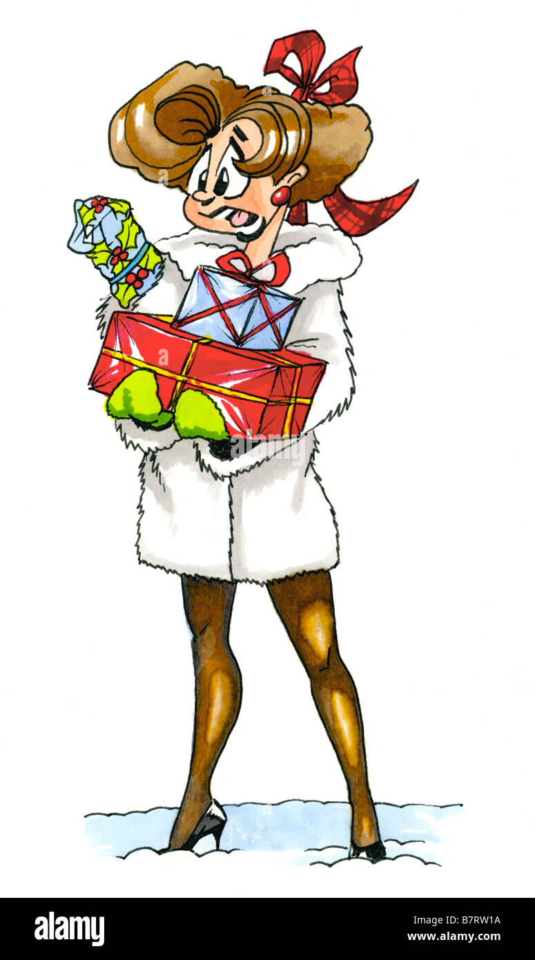 Disegno animato di donna shopping di natale con armfuls di regali Foto Stock