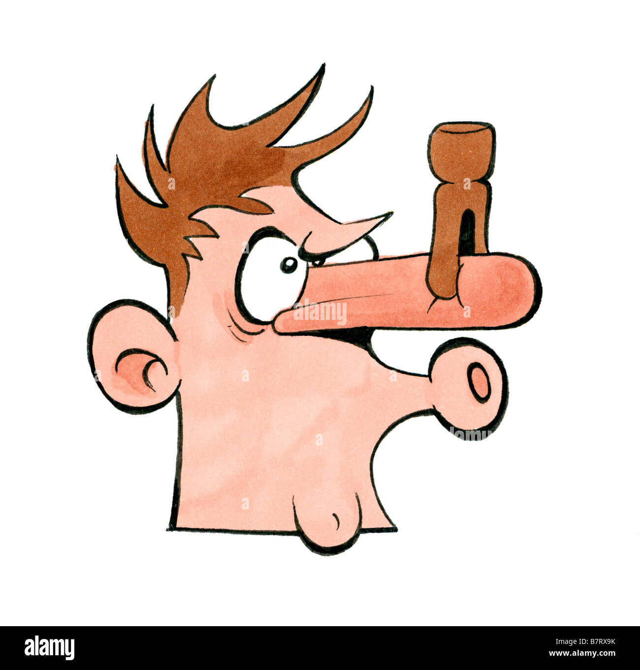 Disegno animato di uomo con peg sul suo naso per fermare l'odore Foto Stock