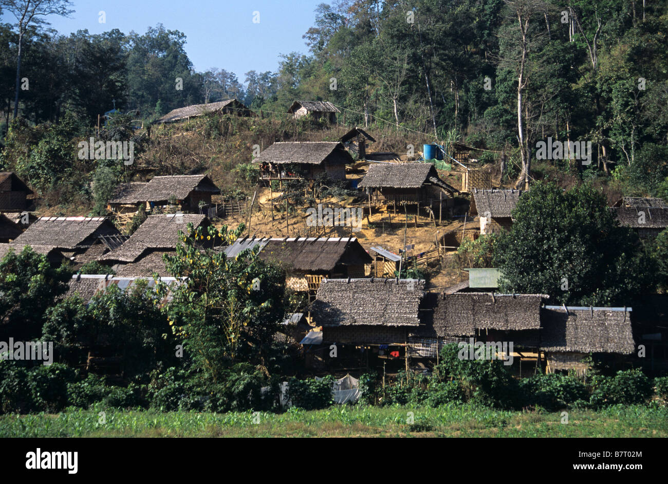 Padaung Kayan (o) Karenni a lungo collo Village (Ban Huai Sau Tao) o campo profughi a Mae Hong Son Provincia, Thailandia Foto Stock
