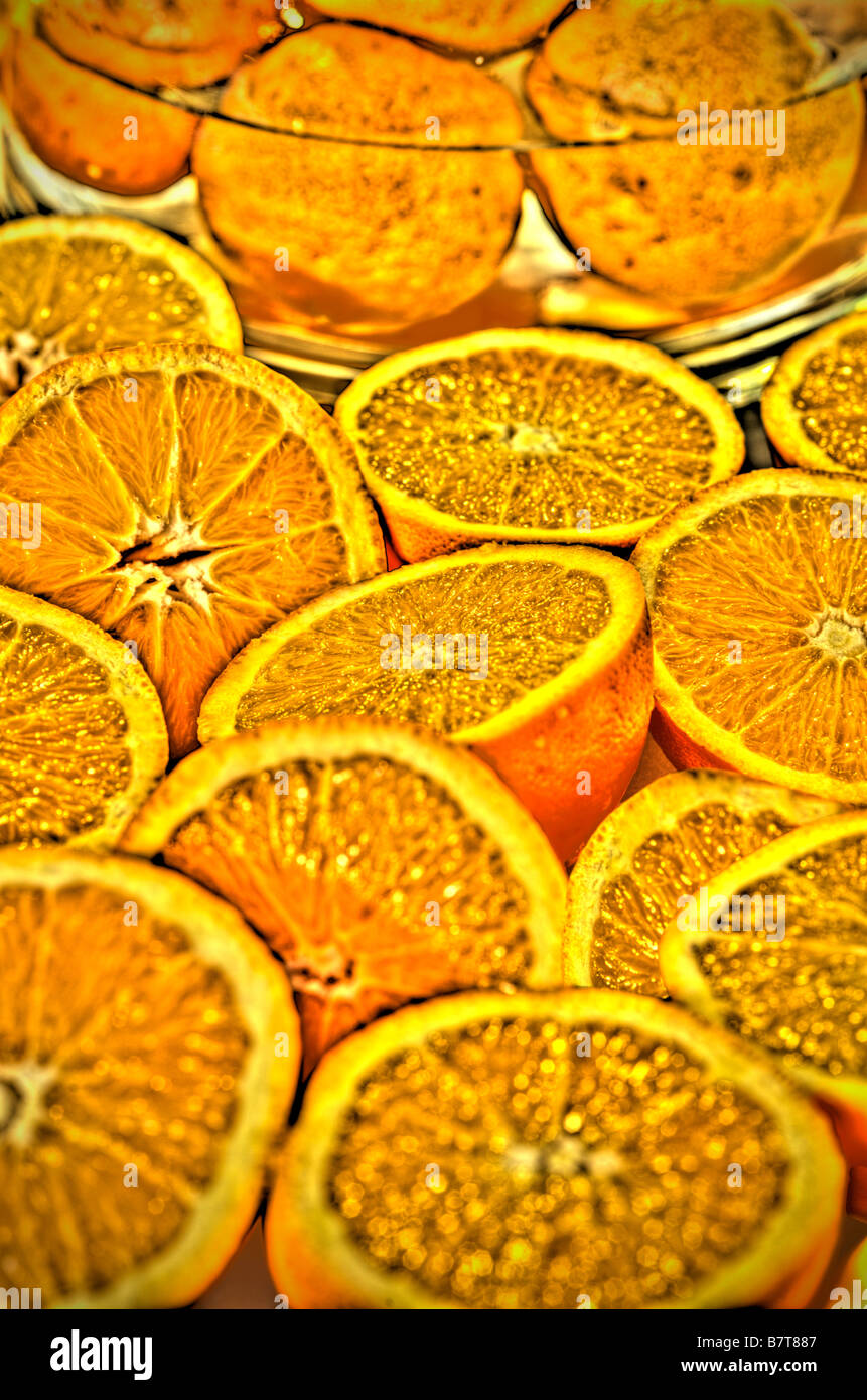 Molte fette di arance dettaglio Foto Stock