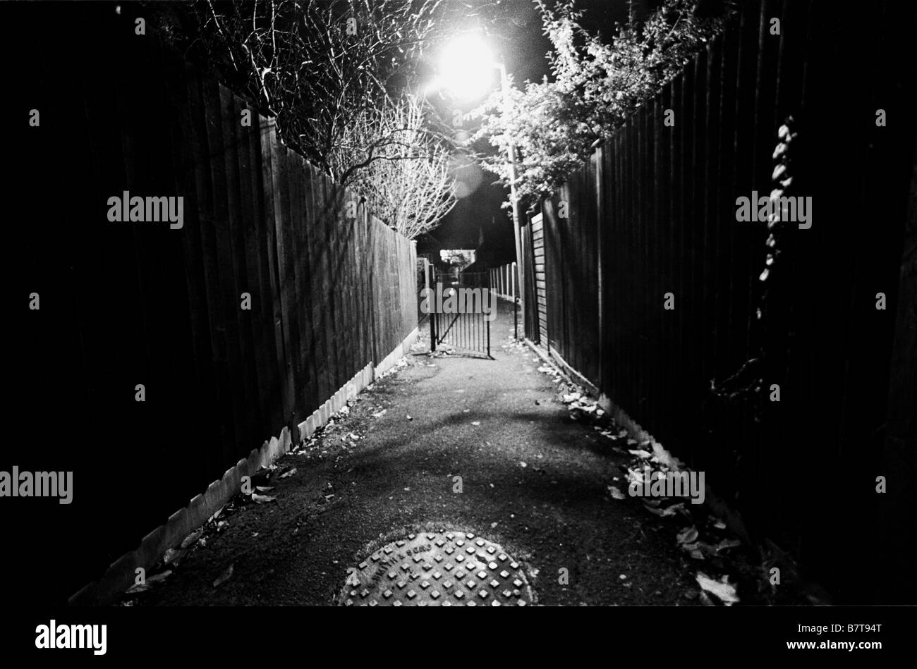 Tasto di scelta rapida passeggiata che conduce da Church street a St.Marys vicino a Tenbury Wells di notte. Foto Stock