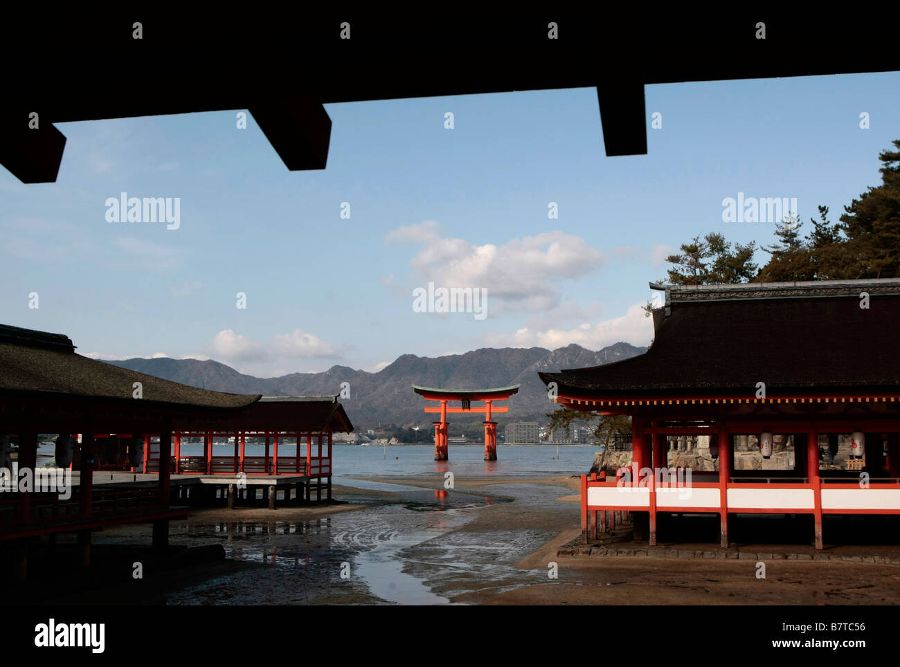 La floating gate Torii al santuario di Itsukushima sull'isola di Miyajima, Giappone. Foto Stock