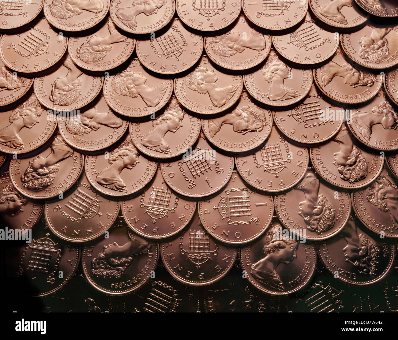Sterlina inglese spiccioli, Penny monete. Foto Stock