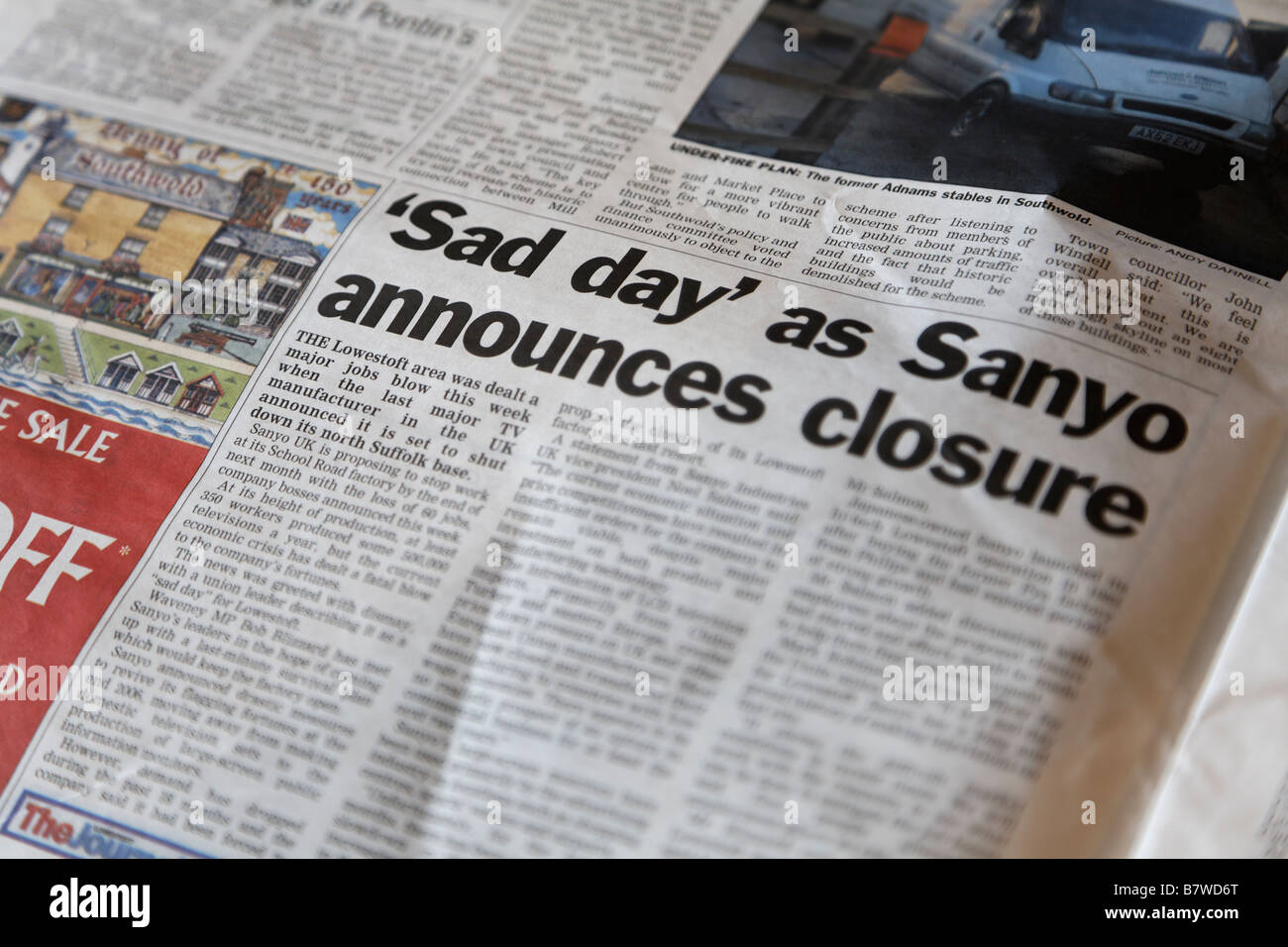 Lowestoft Journal report quotidiano su Sanyo la chiusura degli stabilimenti Suffolk in Inghilterra Foto Stock