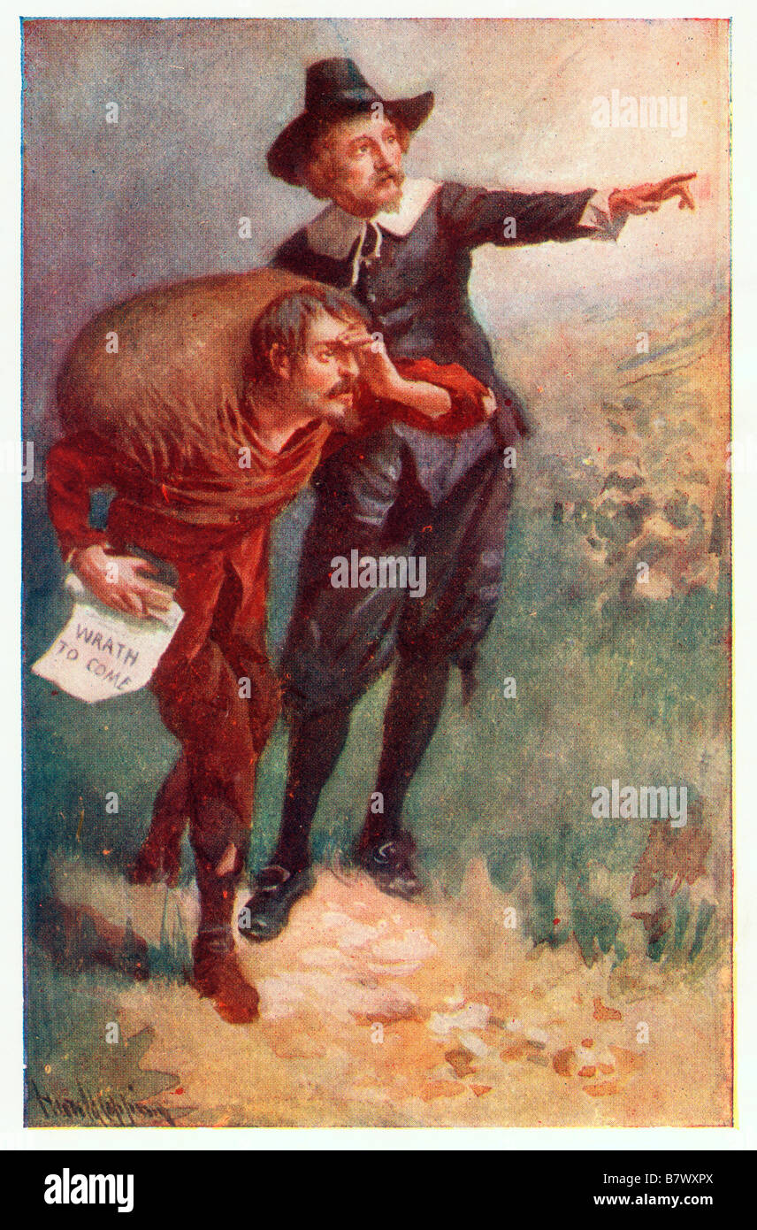 Cristiano incontra l'Evangelista pone il modo scena da Pilgrim's Progress da John Bunyan Illustrazione da Harold afferrando Foto Stock