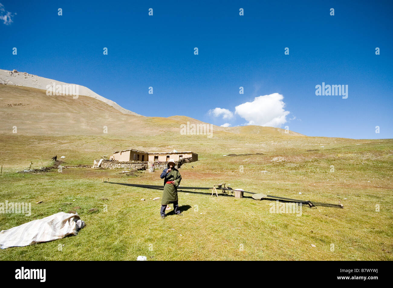 Il nomade tibetana di fronte al suo inverno-home. Rendendo la stoffa di yak-lana per la sua tenda. Foto Stock