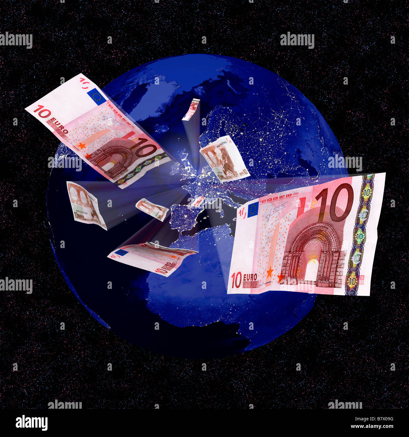 Concetto di euro - denaro volare al di fuori della zona euro europeo regione su un globo illuminata - composito digitale Foto Stock
