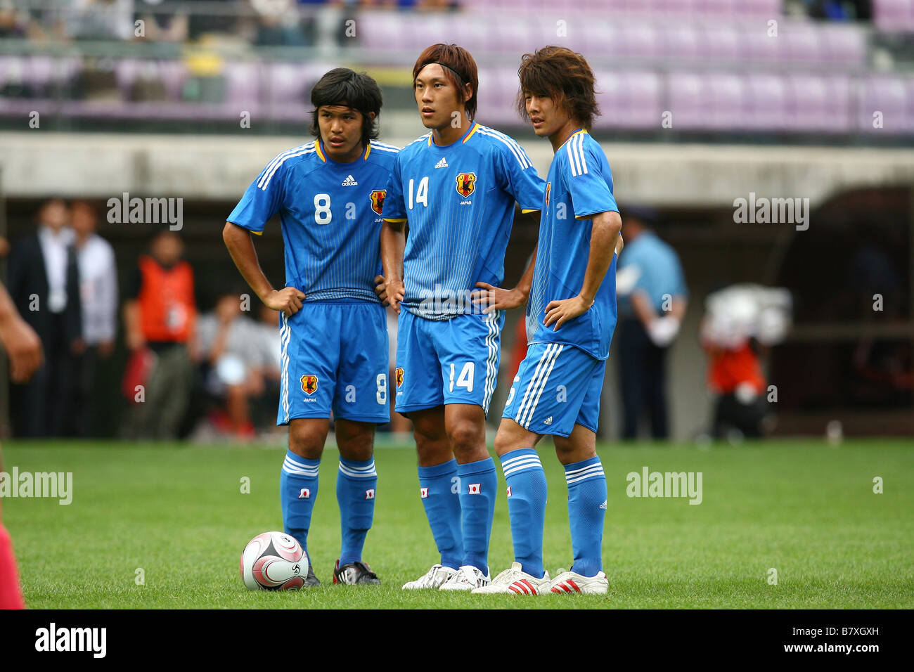 L a R Jun Suzuki JPN Kosuke Yamamoto JPN Yoichiro Kakitani JPN Settembre 15 2008 Calcio Coppa di Sendai International Youth Footb Foto Stock