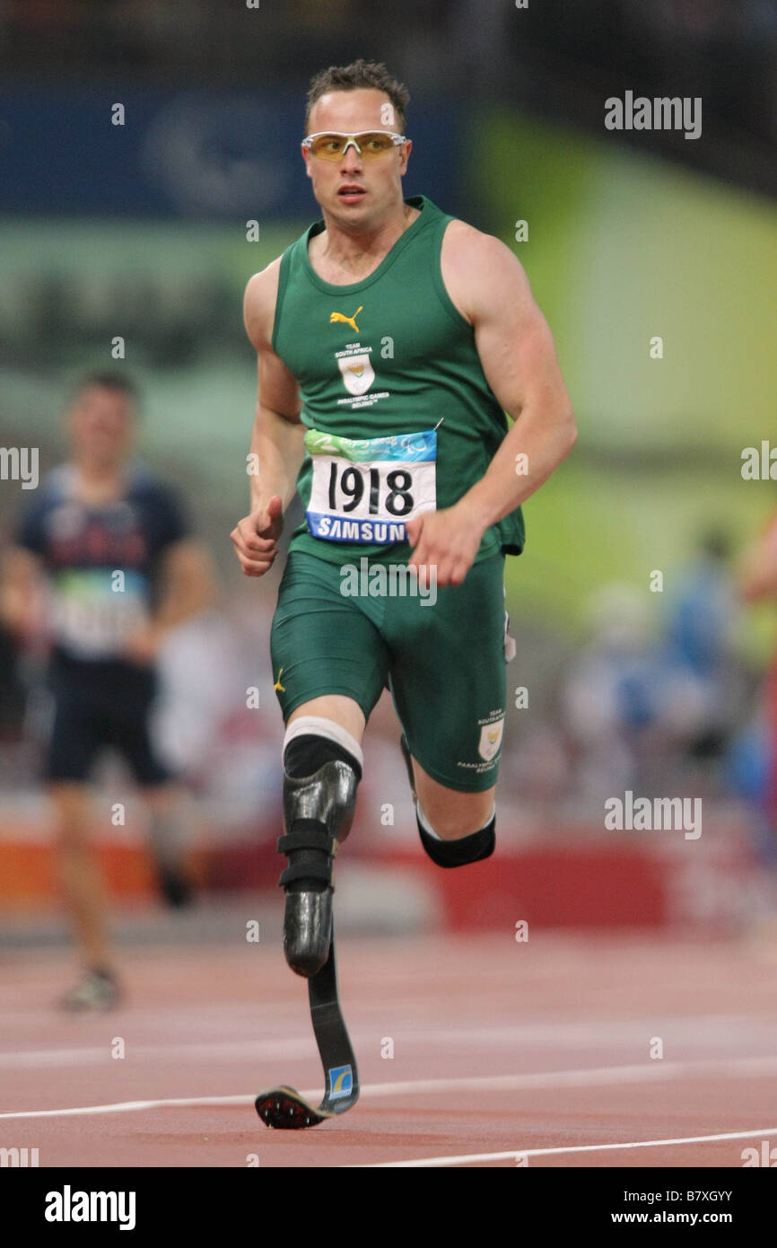 Oscar Pistorius RSA 16 settembre 2008 Atletica Pechino 2008 Giochi Paralimpici Mens 400m T44 finale allo stadio di natonal Pechino Cina Foto di Akihiro Sugimoto AFLO SPORT 1080 Foto Stock