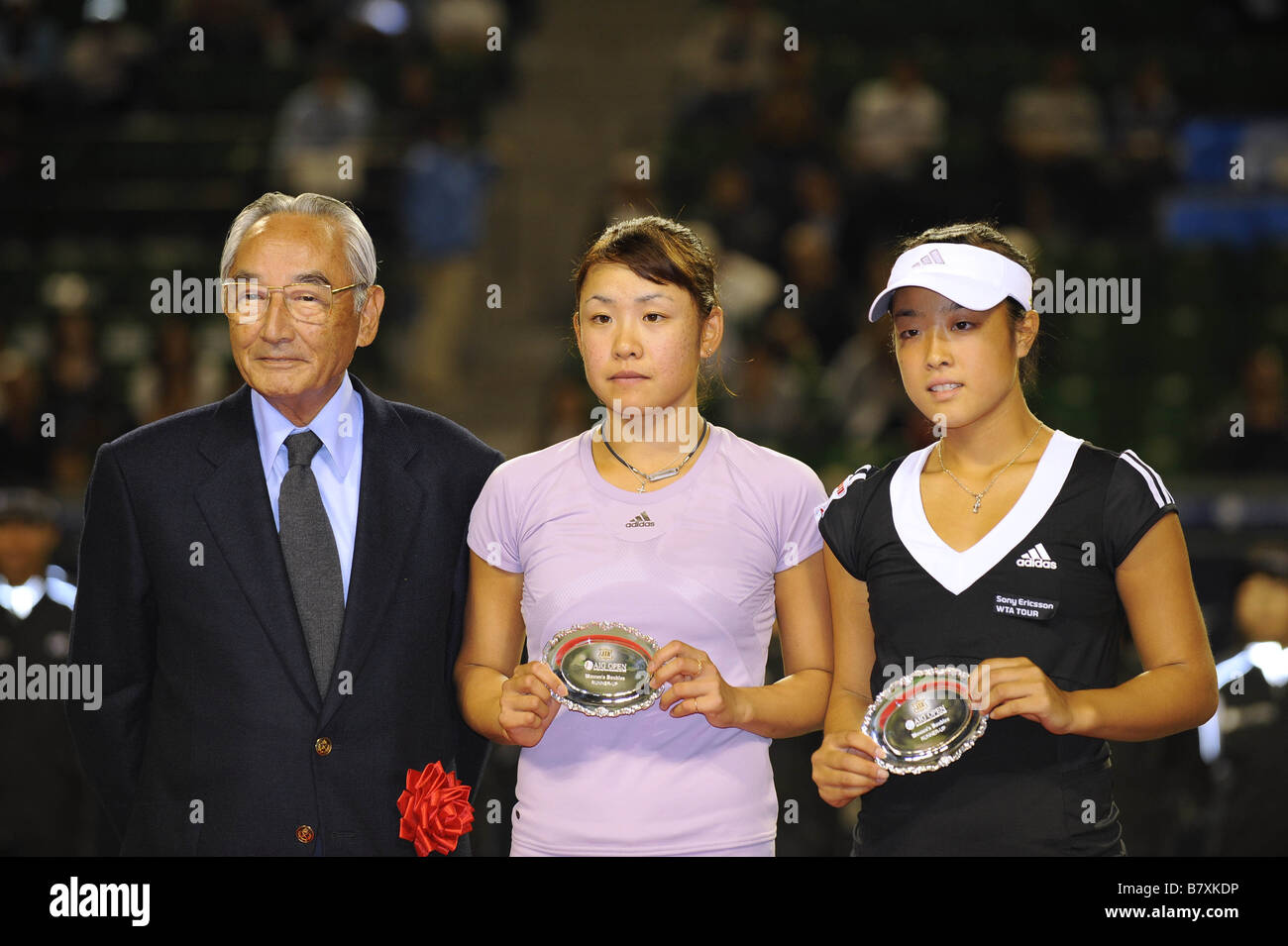 L a R Aiko Nakamura Ayumi MORITA JPN 4 OTTOBRE 2008 Tennis AIG Japan Open Tennis Championships 2008 donne s doppie finali a un Foto Stock