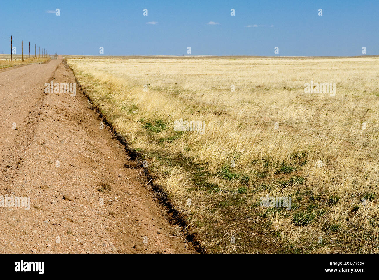 Un rilievo rosso sporco strada attraversa la ingiallito semi-aride praterie di Colorado orientale Foto Stock