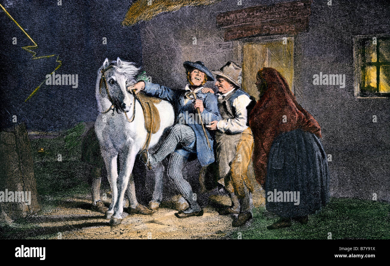 Tam o'shanter circa di correre da una taverna, illustrazione di una poesia di Robert Burns. Colorate a mano di mezzitoni a John Faed illustrazione Foto Stock