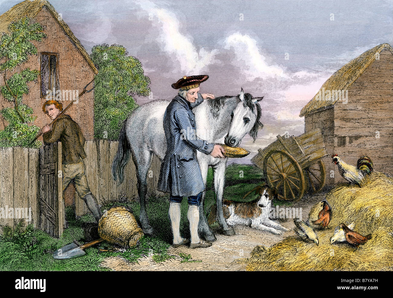 Agricoltore affrontare il suo mare Maggie, una illustrazione di una poesia di Robert Burns. Colorate a mano incisione in acciaio Foto Stock