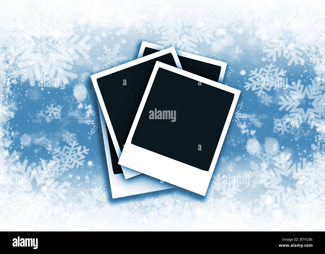 Polaroid su sfondo a fiocco di neve Foto Stock