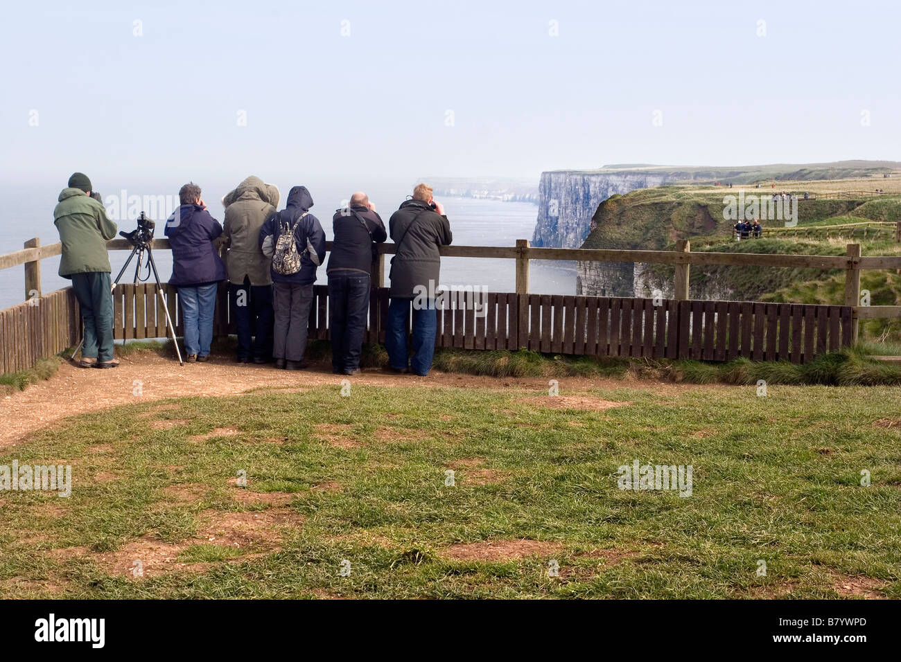 Gli amanti del birdwatching a Bempton Cliffs East Riding of Yorkshire Foto Stock