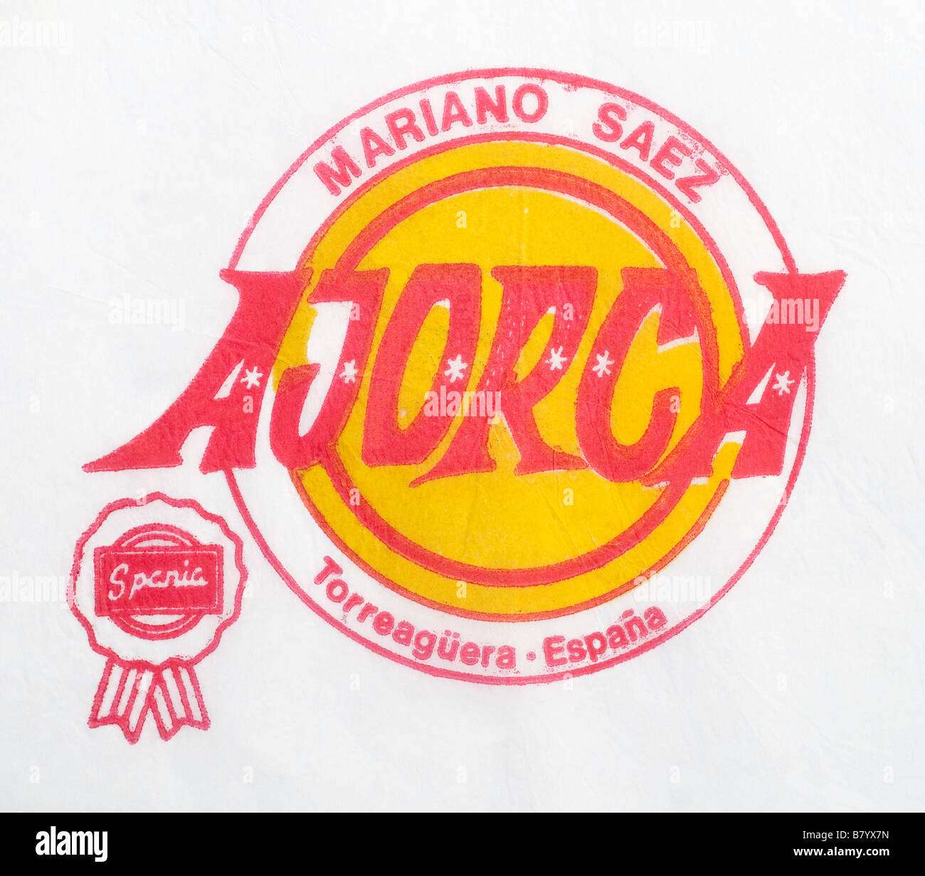 Agrumi wrapper da Spagna - Ajorca logo nome immagine su carta velina. Foto Stock