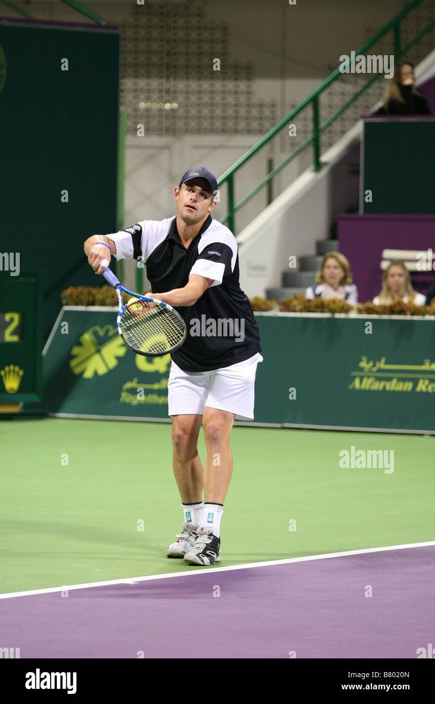 Americano Andy Roddick in finale del Qatar ExxonMobil Open Tournament 2009 che ha perso Foto Stock