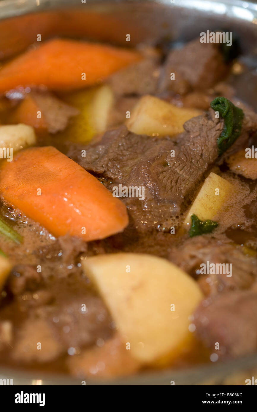 Close up della carne di manzo e verdure di cottura Stufato in una coppa in acciaio Foto Stock