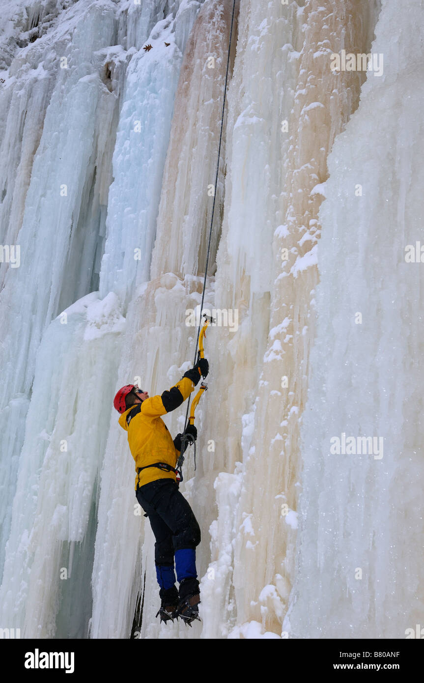 Ice Climber cercando mentre la parte anteriore rivolta verso l'alto una ripida parete di ghiaccio a Tiffany Falls Ontario Foto Stock