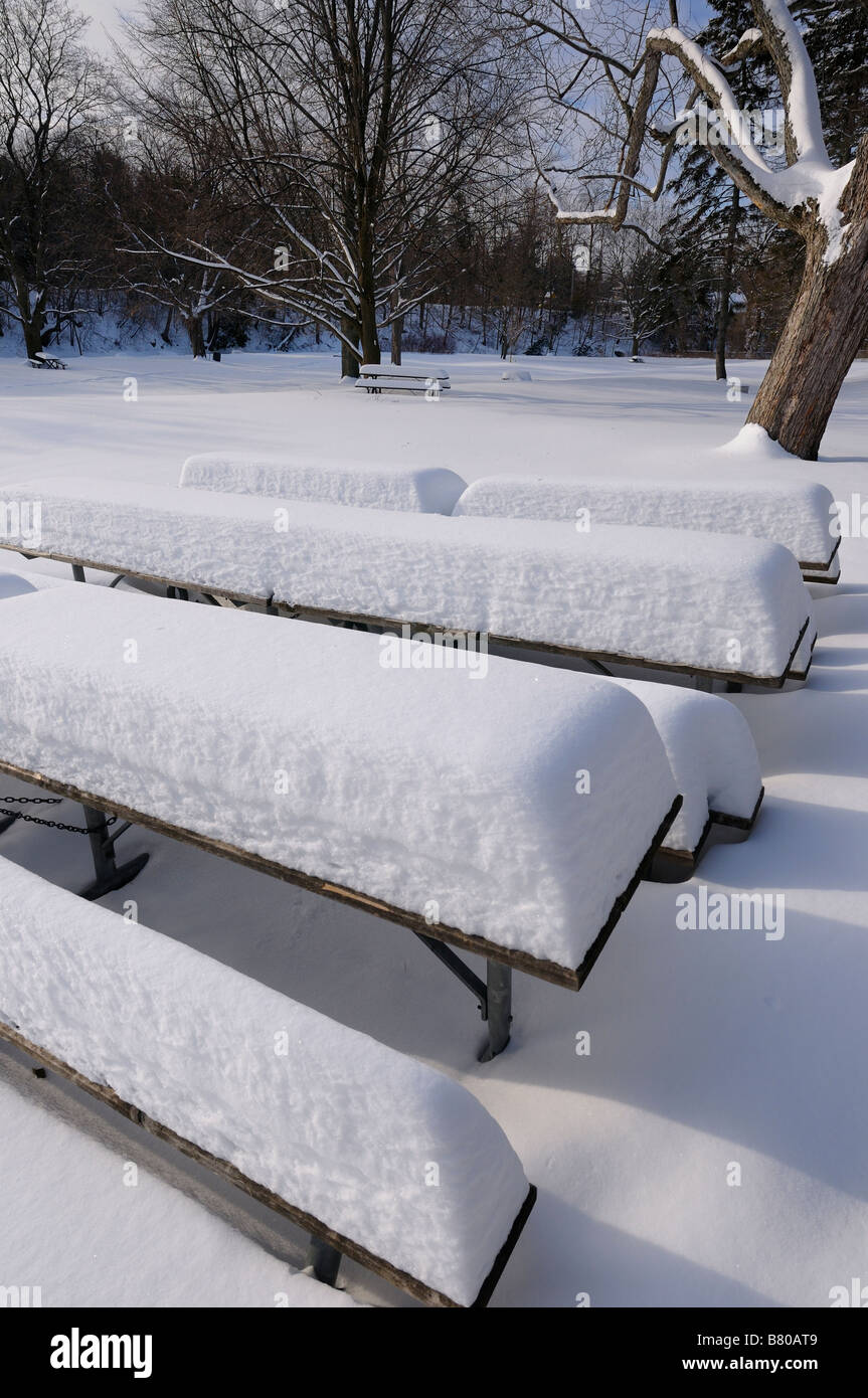 Abbandonato coperto di neve panche per picnic nel vuoto cade Websters Conservation Area Parco Dundas Ontario Canada Foto Stock