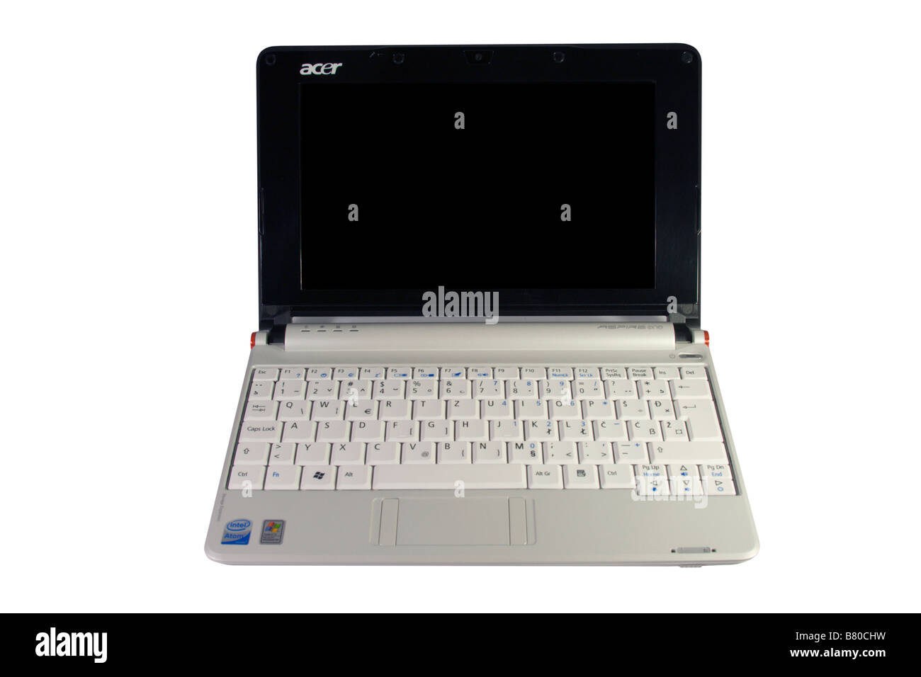 Dettaglio del piccolo 'EEE' notebook Acer isolato su bianco. Chiamato anche  netbook Foto stock - Alamy