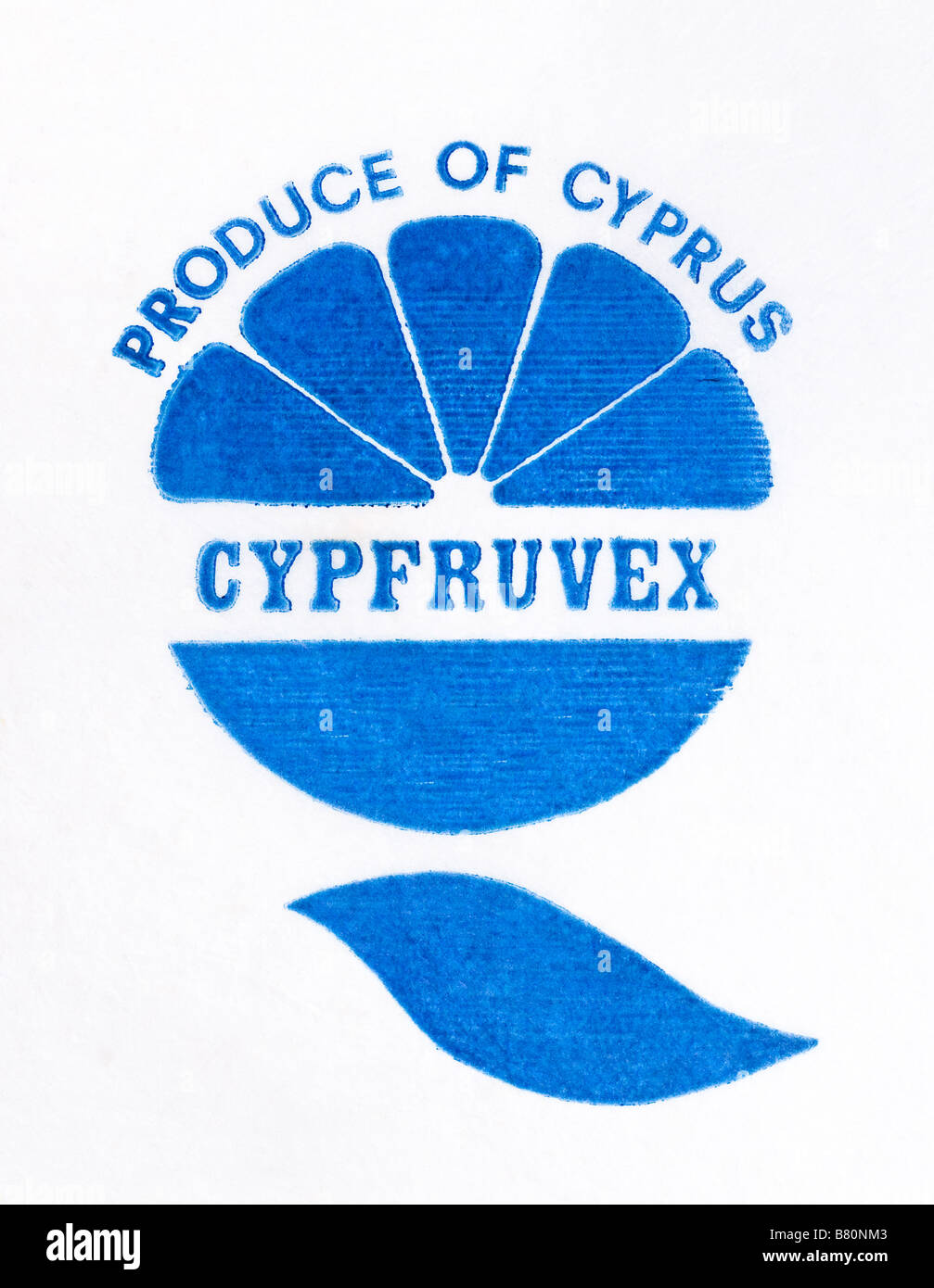 Agrumi wrapper da Cipro - blu frutta astratto illustrazione del logo su carta velina. Foto Stock