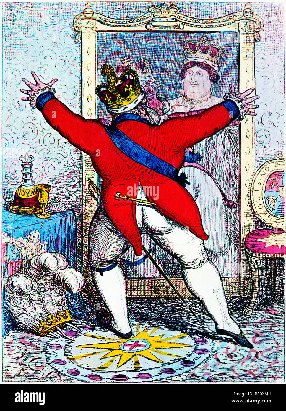 Essere o non essere Cruikshank caricatura del nuovo Re Giorgio IV in grado di sfuggire alla sua moglie Caroline Foto Stock