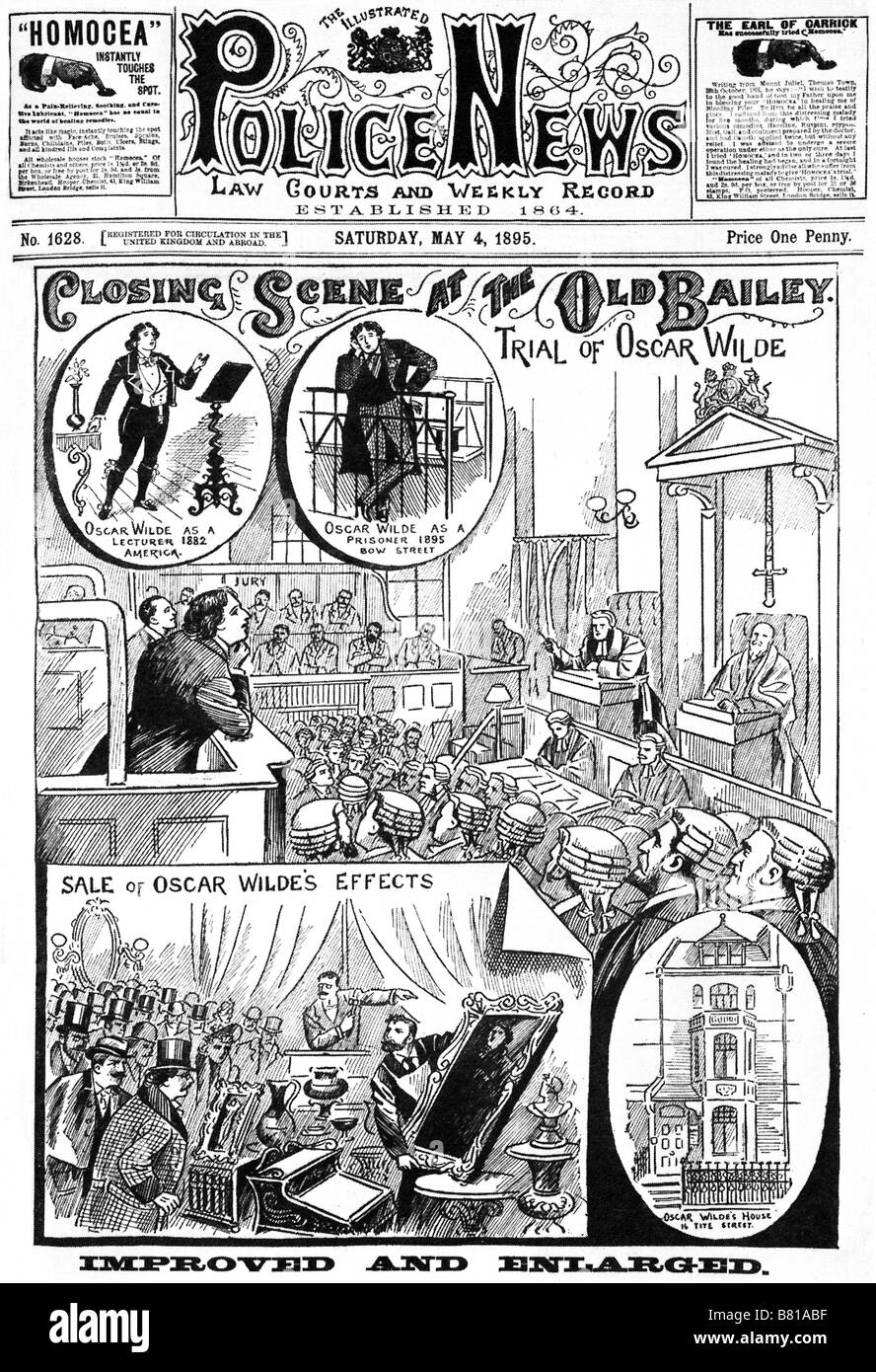 Versione di prova di Oscar Wilde polizia News 1895 Copertura del giornale del sensazionale in prova alla quale egli è stato condannato a 2 anni di prigione Foto Stock