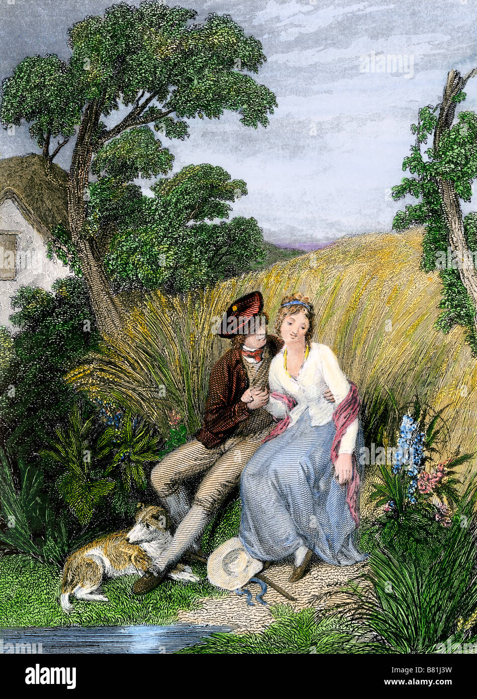 Il corteggiamento in un campo di orzo, da una poesia di Robert Burns. Colorate a mano di mezzitoni una illustrazione Foto Stock