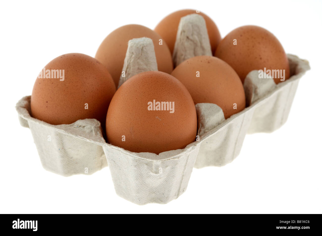 Sei una mezza dozzina di intervallo libero uova di galline raccolti in un cartone riciclato confezione di uova Foto Stock