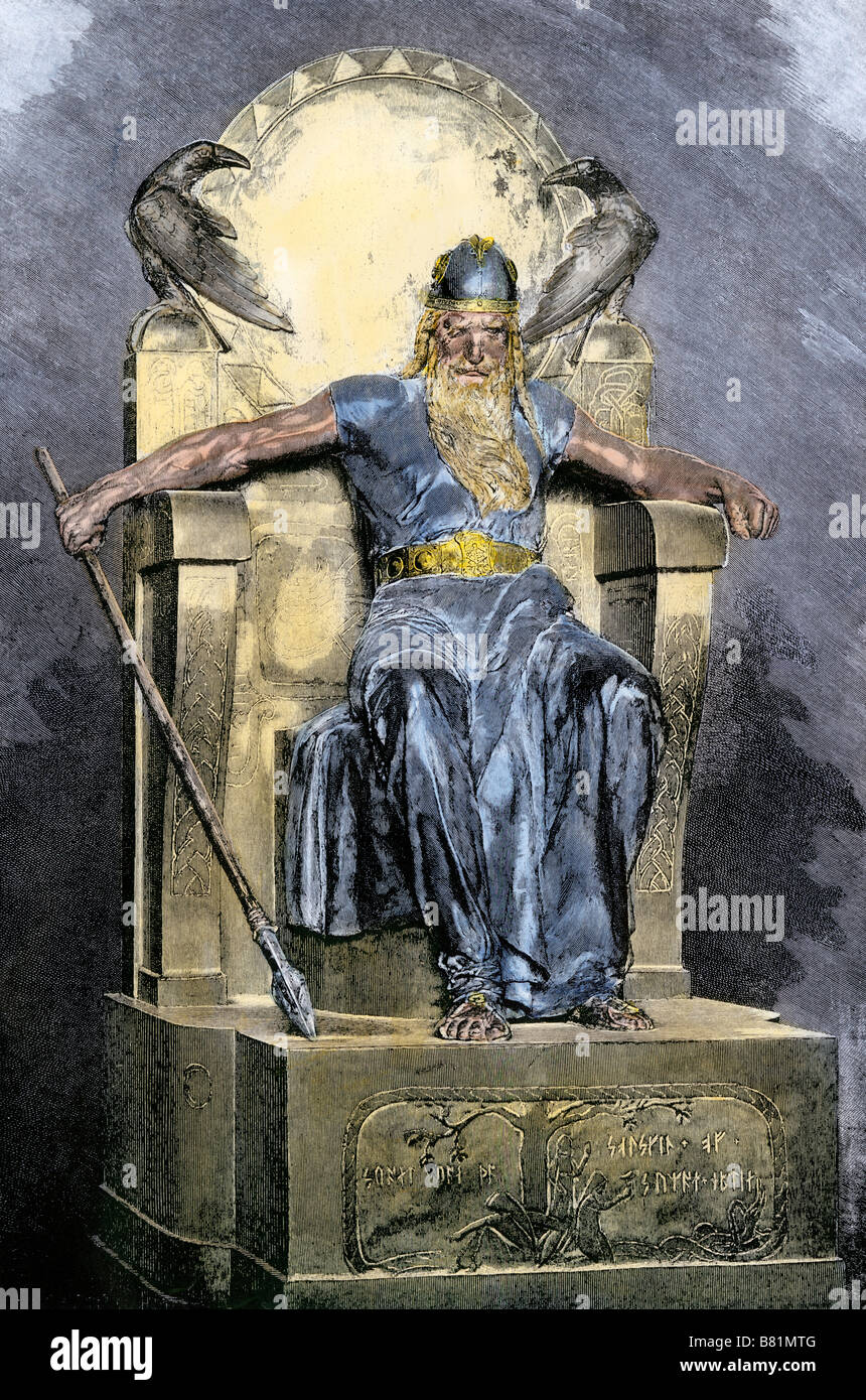 Odin, dio supremo in mitologia di norvegesi. Colorate a mano la xilografia Foto Stock