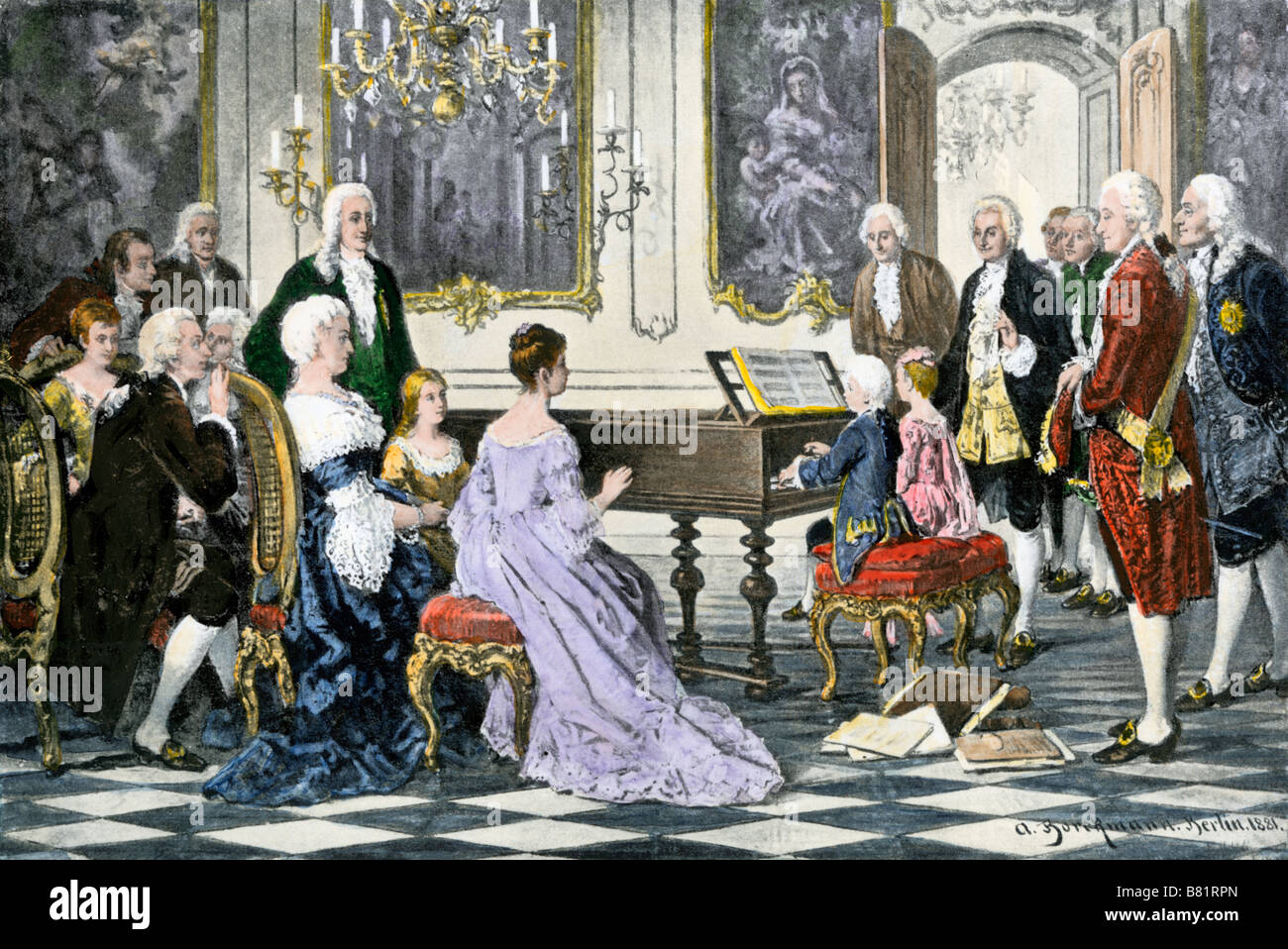 Mozart giovane e sua sorella gioca un duetto per l'Imperatrice Maria Teresa d'Austria. Colorate a mano di mezzitoni una illustrazione Foto Stock