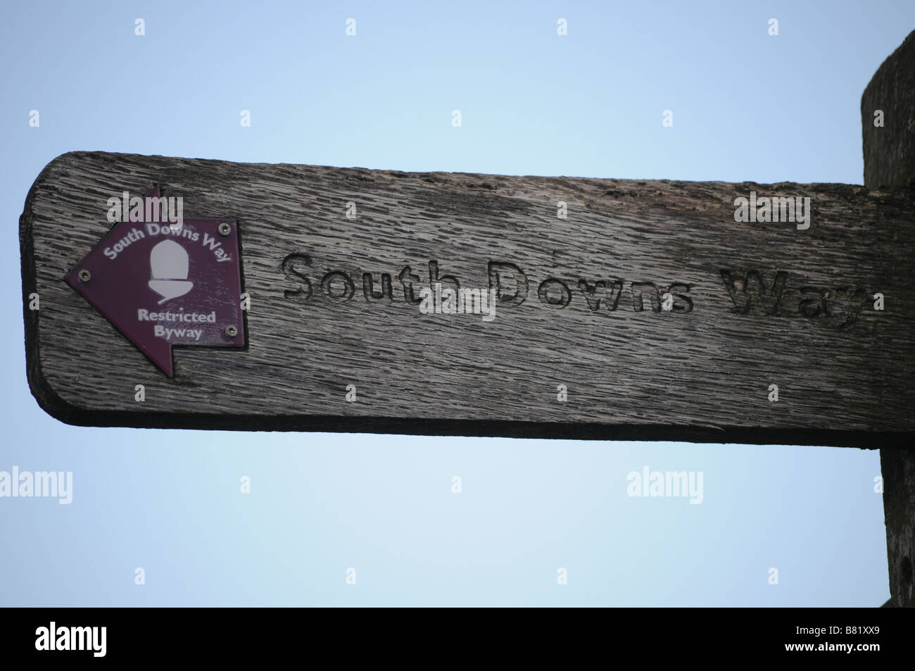 Un cartello indicando il percorso del South Downs modo limitata Byway Foto Stock