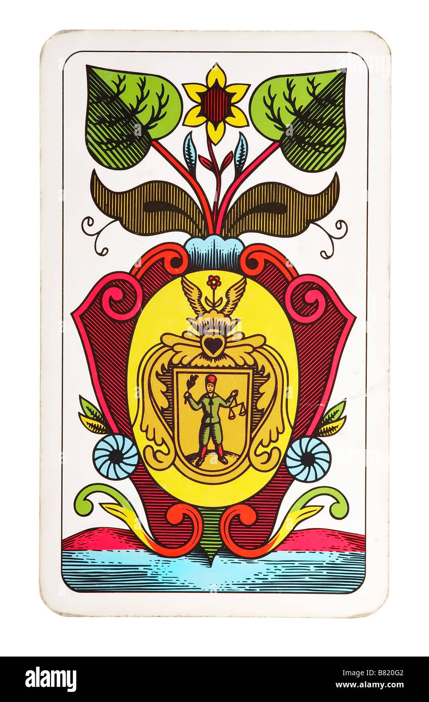 Dettaglio del picche ace - asso di trionfi - vecchia carta da gioco con immagini simboliche Foto Stock
