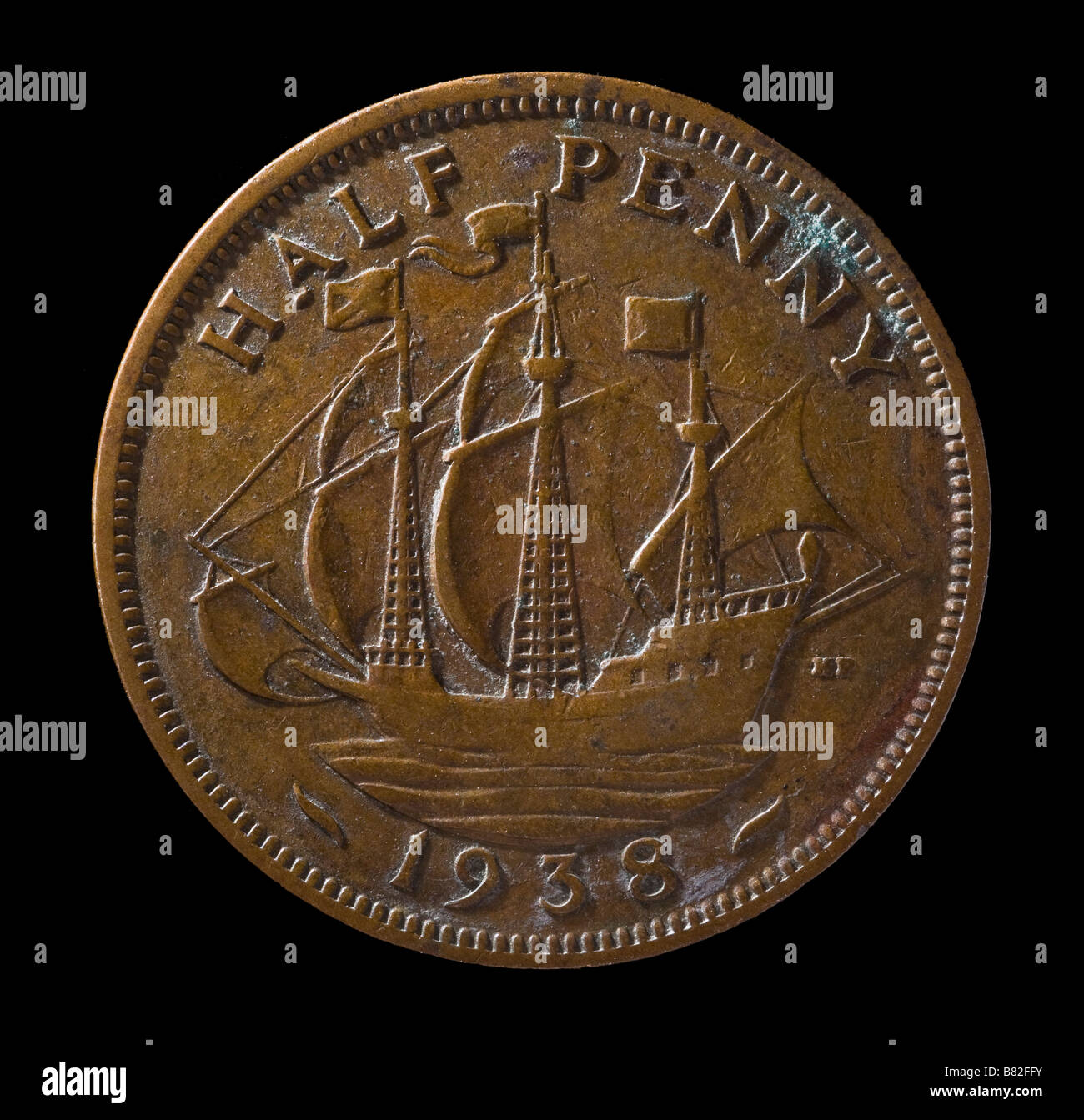 Metà di bronzo penny vecchio conio britannico 1938 Foto Stock