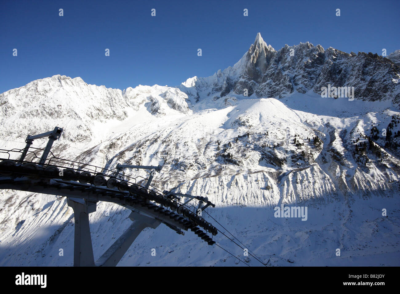 Cavo di struttura di auto per raggiungere la Mer de Glace ghiacciaio in Montenvers, sulle Alpi francesi Foto Stock